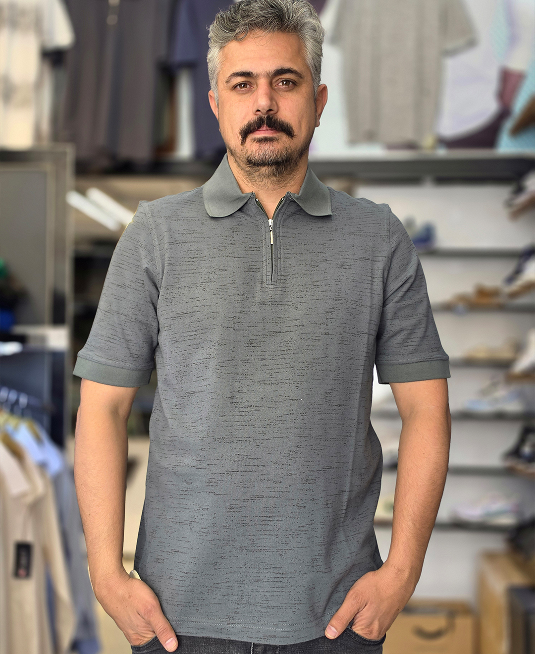 تیشرت پنبه چاپی نیم زیپ - کد 1086